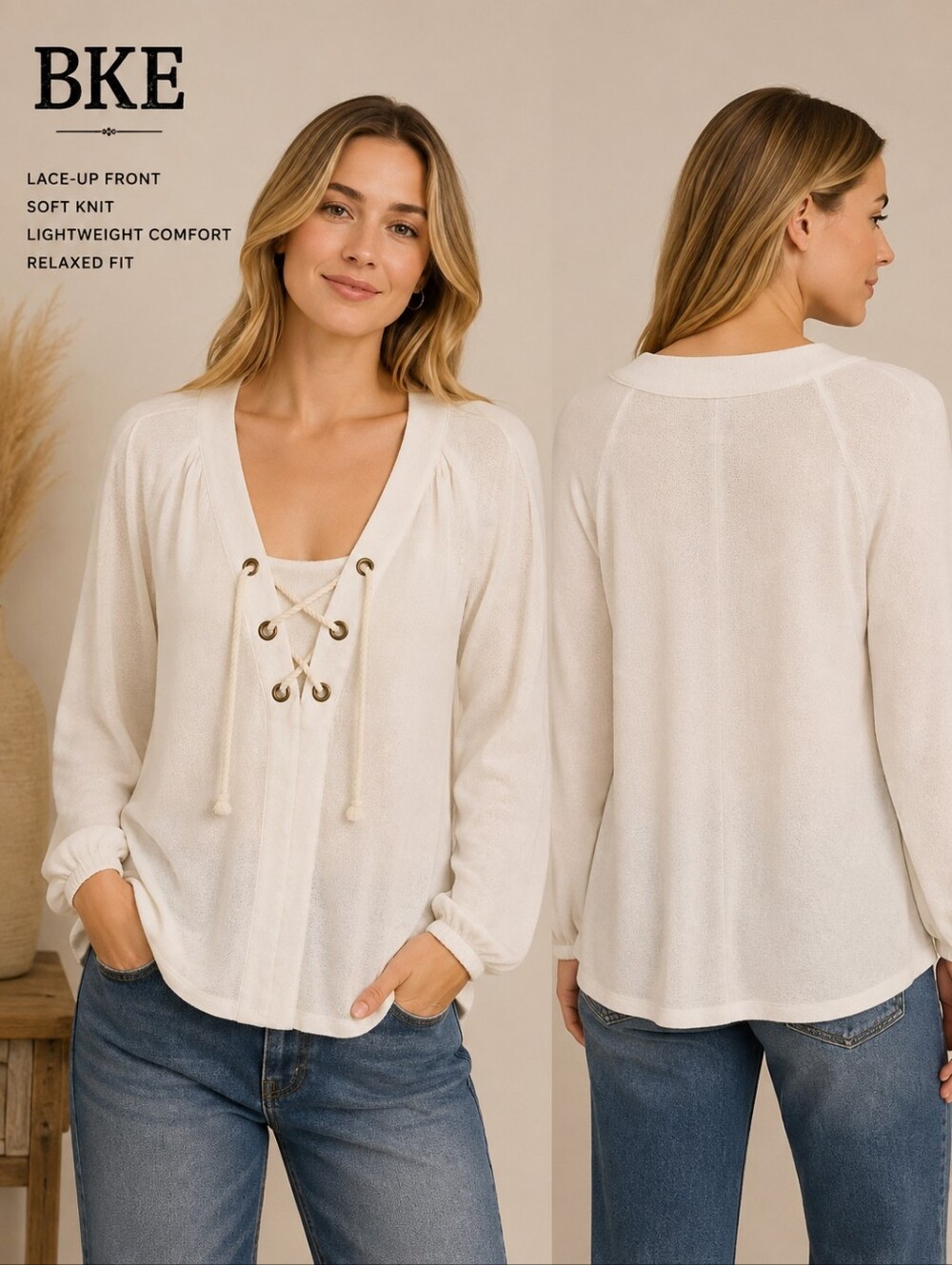 BKE White Lace-Up Knit Sweater Top‎ Long Sleeve Grommet Front Boho Womens Size M